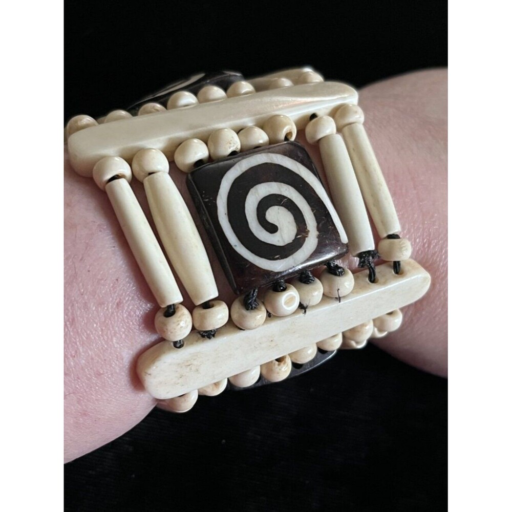 Tribal Bone Wood Spiral Stretch Bracelet Wide Cuff Boho Unisex